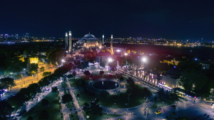 Fototapeta na wymiar Aerial night view of Hagia Sophia Cathedral/ Museum/ Mosque in Istanbul Turkey