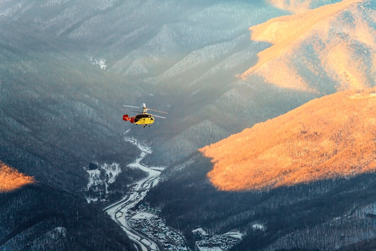 Helicopter winter mountain aerial view in Krasnaya Polyana