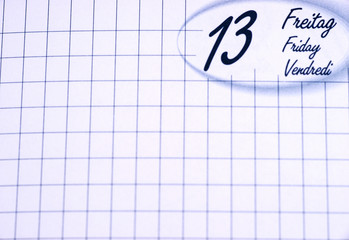 Calendar showing friday the 13th, Friday in french, english, german