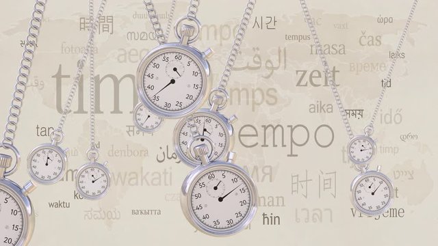 Swinging retro stopwatches against same inscriptions in different languages. Time, transience and timezone concepts. 4K seamless loop clip