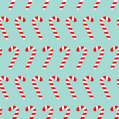 Merry Christmas Candy Cane. Seamless Pattern. Flat design. Blue background.