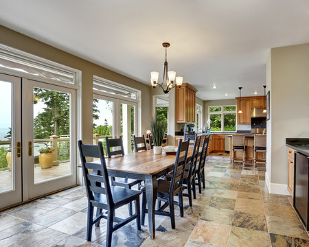 Dining room interior with stone floor