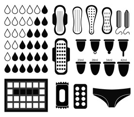 Big set for menstruation, feminine hygiene set. Pads, pantyliners, tampons, menstrual cup. Female hygiene products. Women's hygiene. Silhouette icon. Vector illustration.