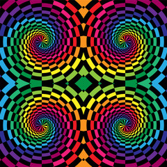 Vector Illustration. Colorful and Black Swirls of the Rectangles Radial Expanding from the Center. Optical Illusion of  Depth and Volume. Suitable for Web Design.