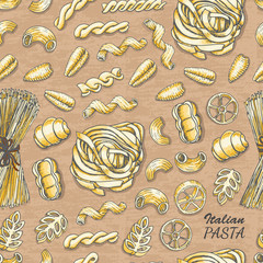 Seamless pattern with Italian pasta on a beige background