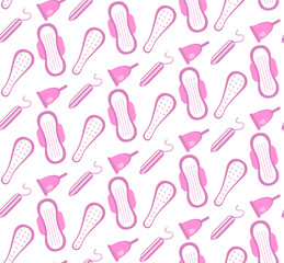 Menstruation, feminine hygiene seamless pattern. Pads, pantyliners, tampons seamless texture. Female hygiene products background. Women's hut wallpaper. Vector illustration.