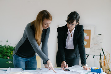  Young redhead female architect and  young female investor  working in the office. Selective focus and small depth of field.