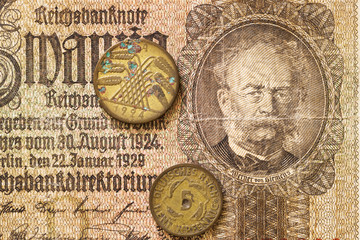 part of the old German banknote with a portrait of a statesman..