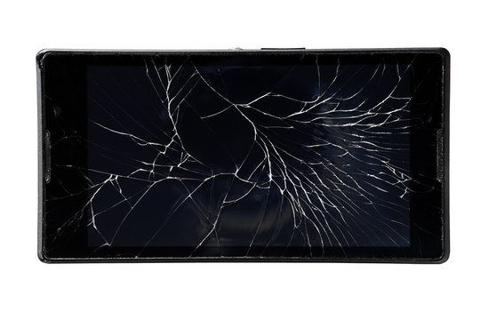 mobile phone with a broken screen on an isolated white backgroun