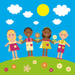 Obraz premium Poster with children on a green lawn. Vector illustration. 