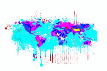 Splash dripping world map in blue and magenta colors. Basic image of Earth courtesy NASA.