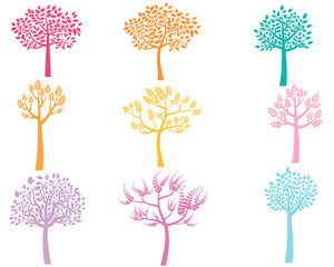 Set of vector color tree silhouettes in flat style
