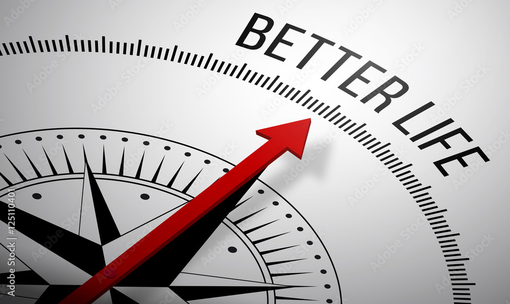 Poster 3d rendering of a compass with a better life icon.