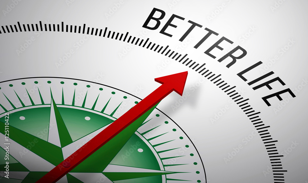 Poster 3d rendering of a compass with a better life icon.