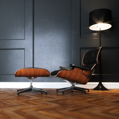 Leather lounge chair in new black interior with wooden parquet 