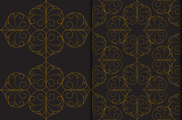 Golden Thai vintage seamless pattern vector abstract on black background, with seamless pattern in swatch