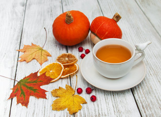 hot tea and autumn leaves