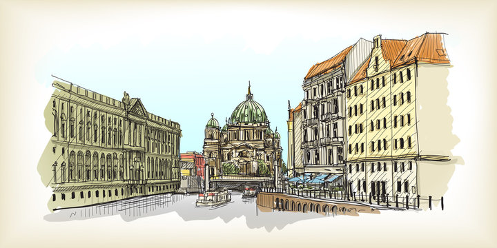 Sketch of City scape in Germany. Berlin Cathedral. Old building hand drawn