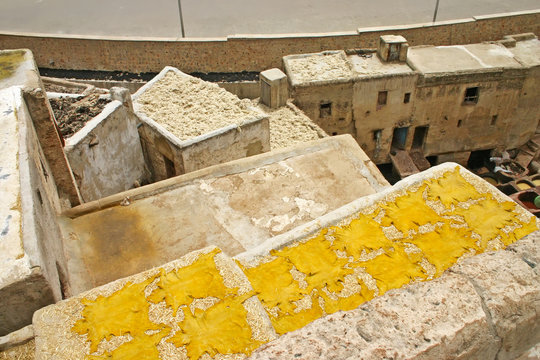 Tanned hides drying on a rooftop near one of the tanneries in th