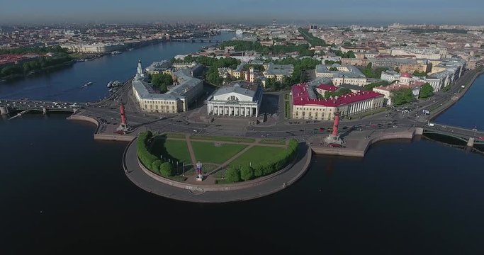 Aerial St. Petersburg Stock Exchange Building, Rastralnye columns, strellka