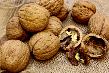 Walnuts open nuts core. Natural organic farmer food concept.