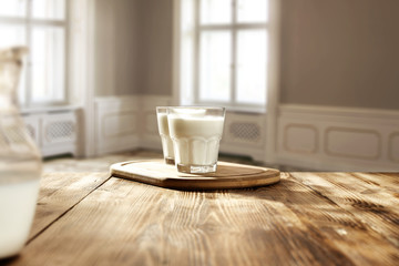 wooden desk and milk 