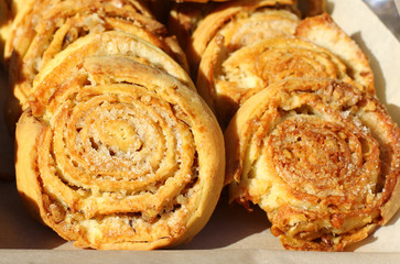 Fresh Homemade Cakes for sale close up. Selective focus. Conceptual image for sweet baking business.