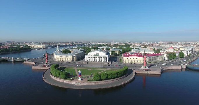 Aerial St. Petersburg Stock Exchange Building, Rastralnye columns, morning