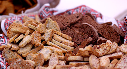 The natural home made dry baked breads crackers on the wicker plate basket