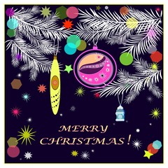 Merry Christmas  card dark blue background white fir branches toys confetti and twinkling stars