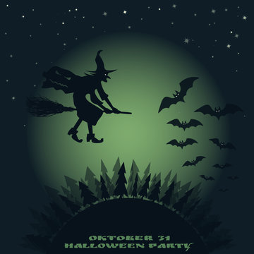 Halloween background. image of flying over the forest witch on a broomstick and bats on a background of the moon.