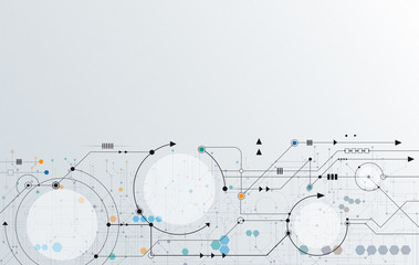Vector Abstract futuristic, white paper circle label and circuit board. Illustration high tech computer technology over light gray color background. Hi-tech digital technology concept