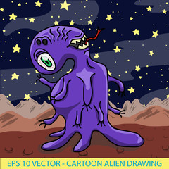 Purple blob like hand drawn alien vector with a long red tongue. Child's style of original illustration. 