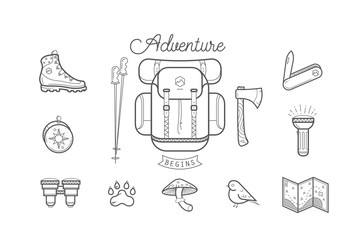 Adventure time. - Flat line camping icon collection explore, dream, discover