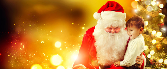 Santa Claus and little boy. Christmas scene