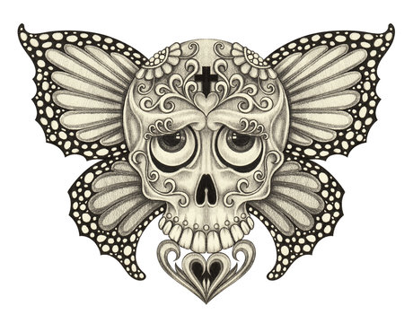 Skull wings day of the dead. Hand pencil drawing on paper.