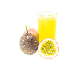 Passion fruit juice with passion fruits on white background