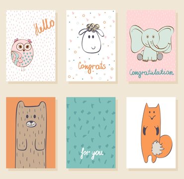 Collection of cute artistic cards for kids. Funny animals in vector.