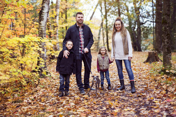 Naklejka na ściany i meble Family of four enjoying golden leaves in autumn park
