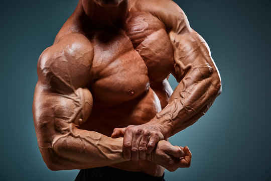 torso of attractive male body builder on gray background.