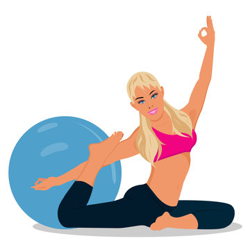 fitness woman, stability ball, vector illustration