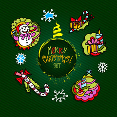 Set Merry Christmas. Holiday bright hand-drawings, doodle, cartoon. Christmas background. Vector illustration with snowman, candles, candy, snowflakes, tree.