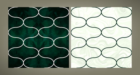 Set of two trendy vector pattern tiles in emerald green shades. Velvet and marble textures.
