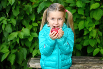 Little girl eating an apple on a wooden bench on autumn day