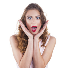 Surprised happy young woman looking sideways in excitement