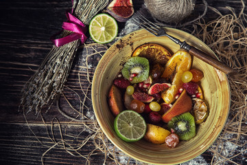 Fruits and vegetables on rustic background