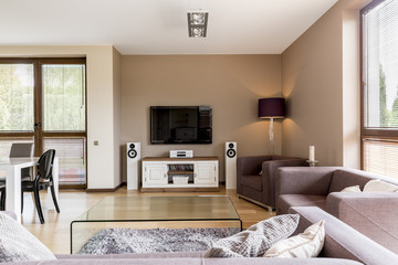 Tv living room open to a dining area