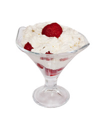 Fresh strawberries with whipped cream in glass bowl isolated on white. Selective focus