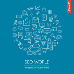 Vector Set of SEO Modern Flat Thin Icons Inscribed in Round Shap
