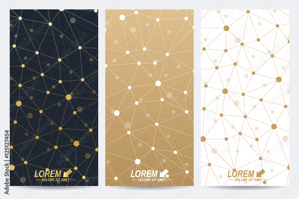 Poster Modern golden set of vector flyers. Modern stylish polygonal pattern with connected line and dots. Molecule and communication background for medicine, science, technology, chemistry.